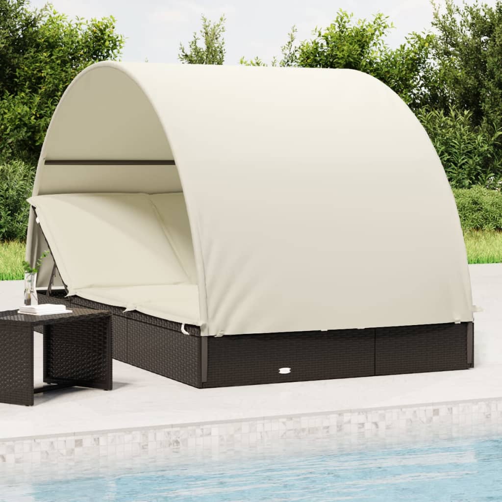 2-Person Sunbed with Round Roof Black 211x112x140cm Poly Rattan