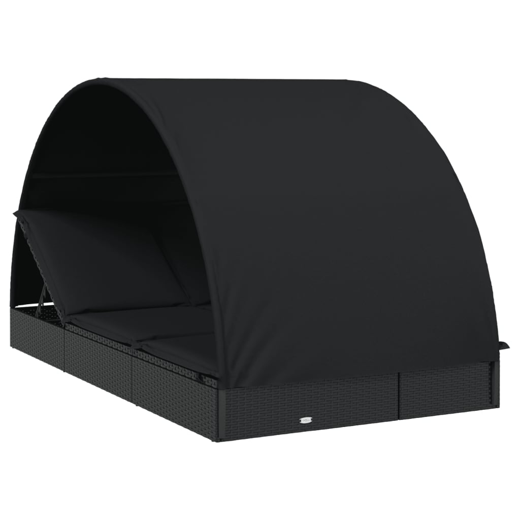 2-Person Sunbed with Round Roof Black 211x112x140cm Poly Rattan