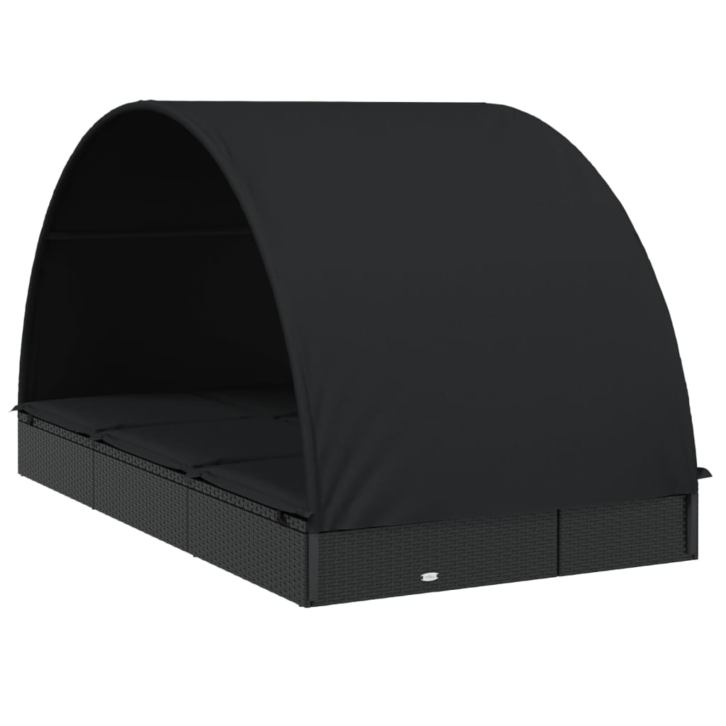 2-Person Sunbed with Round Roof Black 211x112x140cm Poly Rattan