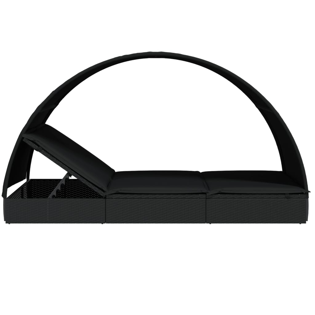2-Person Sunbed with Round Roof Black 211x112x140cm Poly Rattan