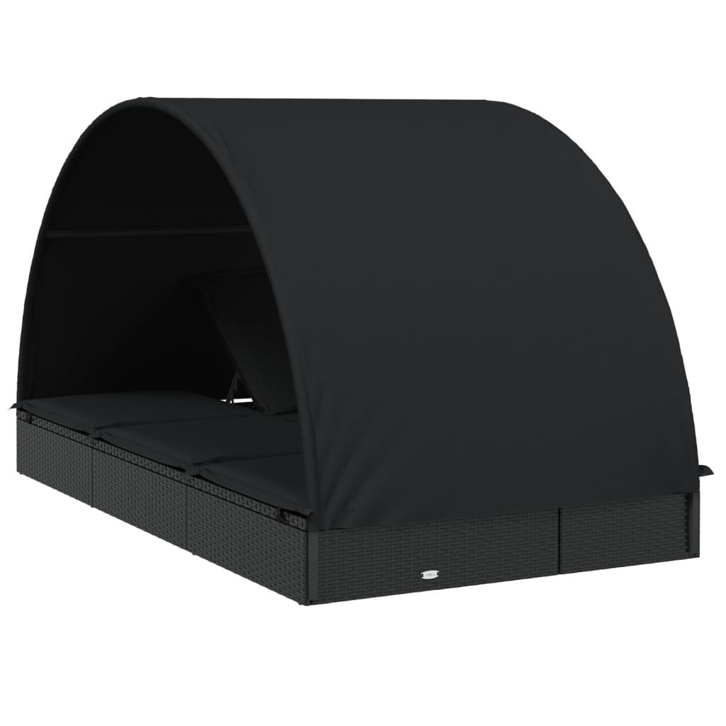 2-Person Sunbed with Round Roof Black 211x112x140cm Poly Rattan