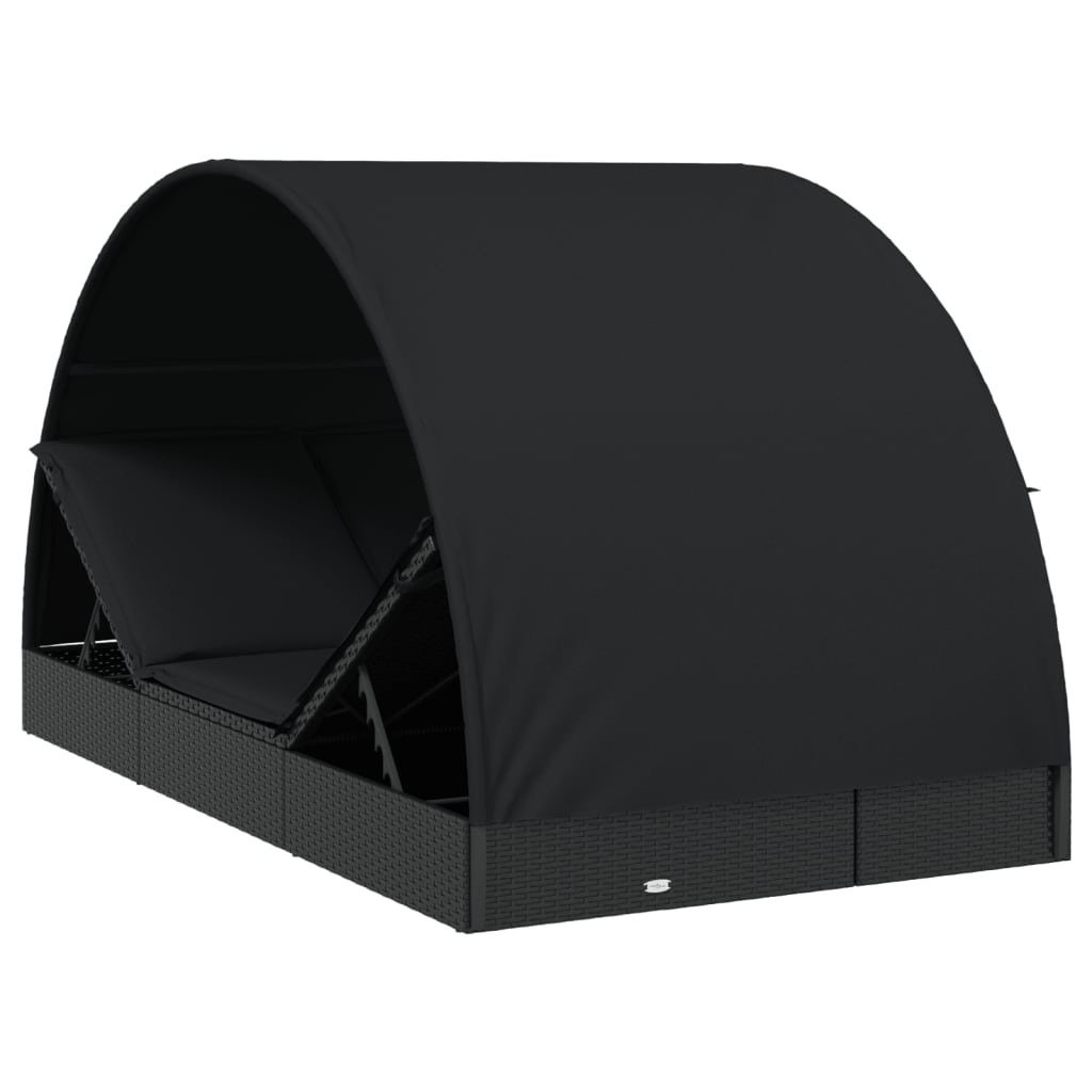 2-Person Sunbed with Round Roof Black 211x112x140cm Poly Rattan