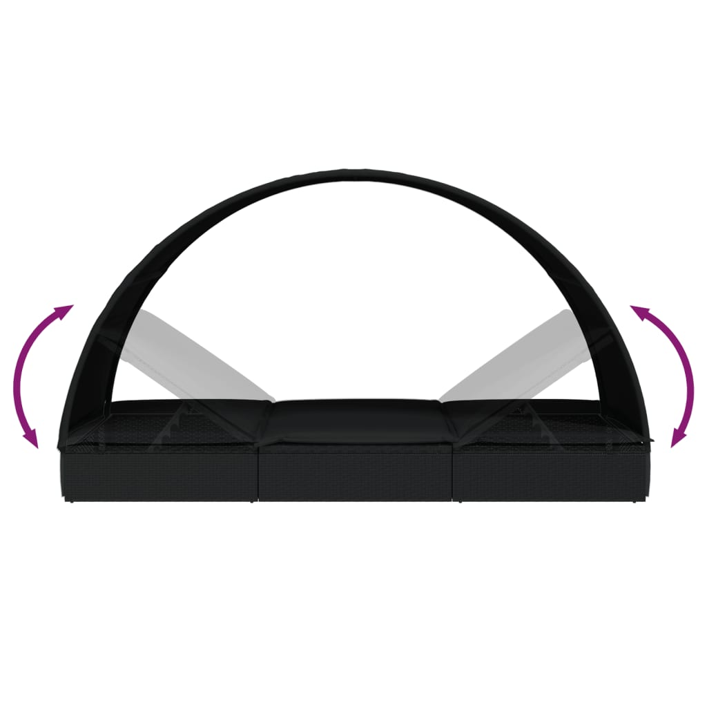 2-Person Sunbed with Round Roof Black 211x112x140cm Poly Rattan