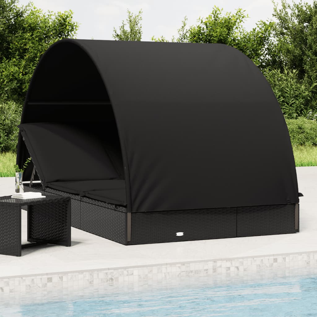 2-Person Sunbed with Round Roof Black 211x112x140cm Poly Rattan