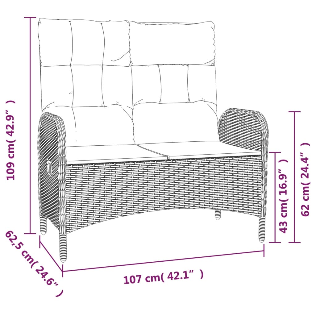 Reclining Garden Bench with Cushions 107 cm Poly Rattan Black