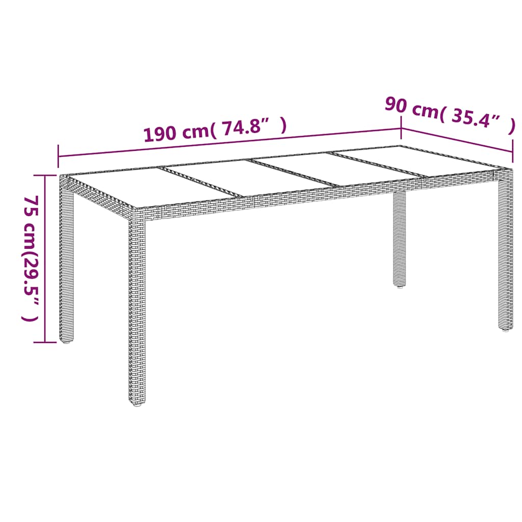 Garden Table with Glass Top Grey 190x90x75 cm Poly Rattan