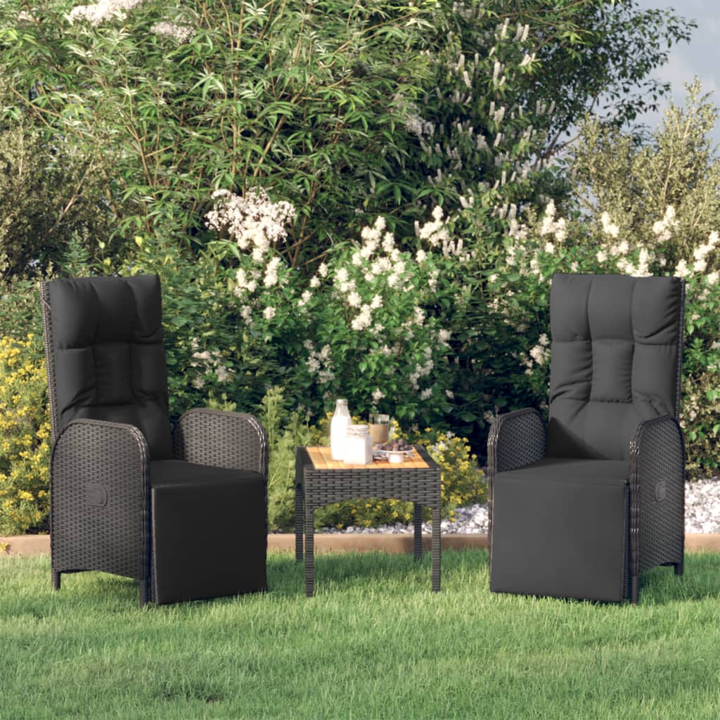 Garden Reclining Chairs 2 pcs with Table Black Poly Rattan