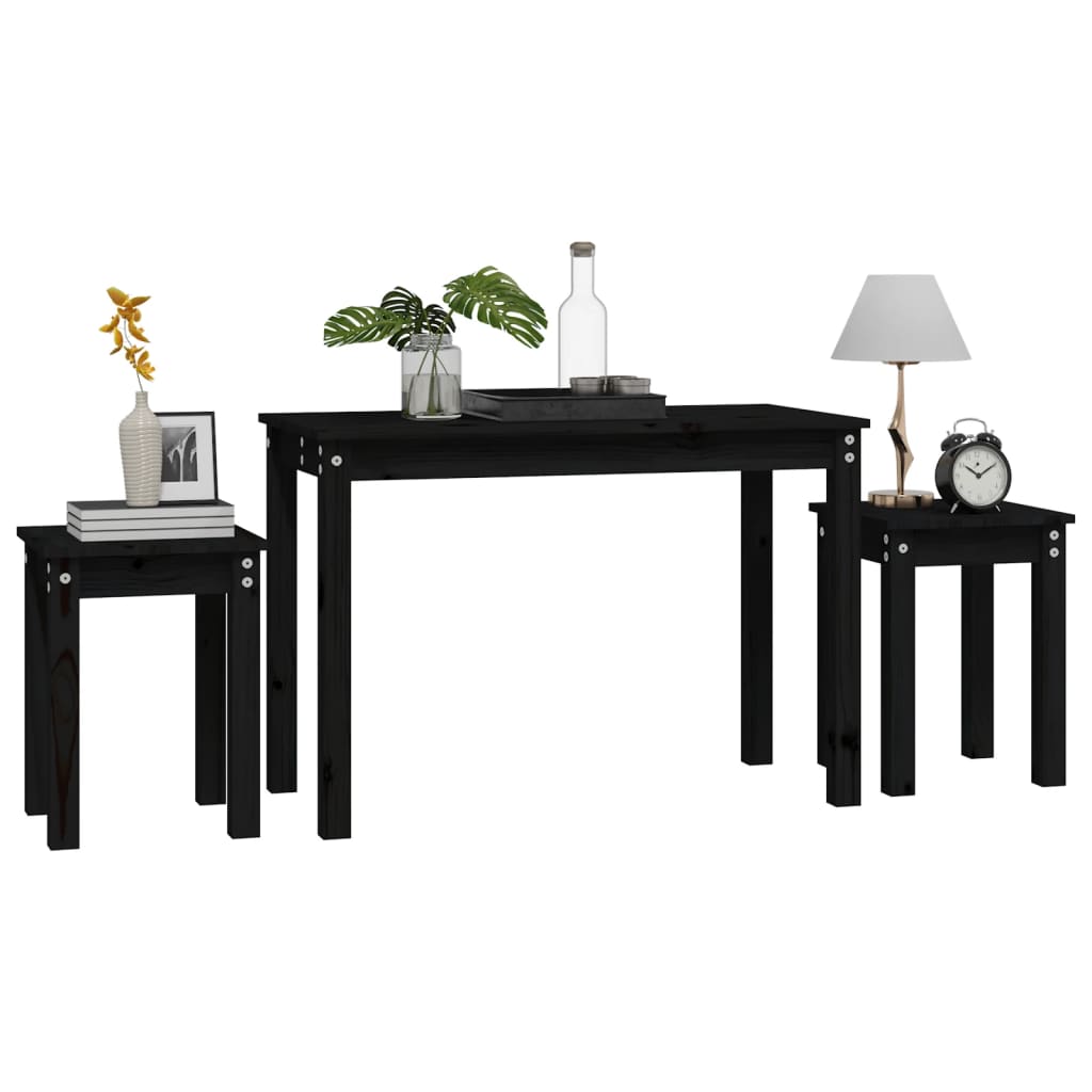 Nesting Tables 3 pcs Black Solid Wood Pine