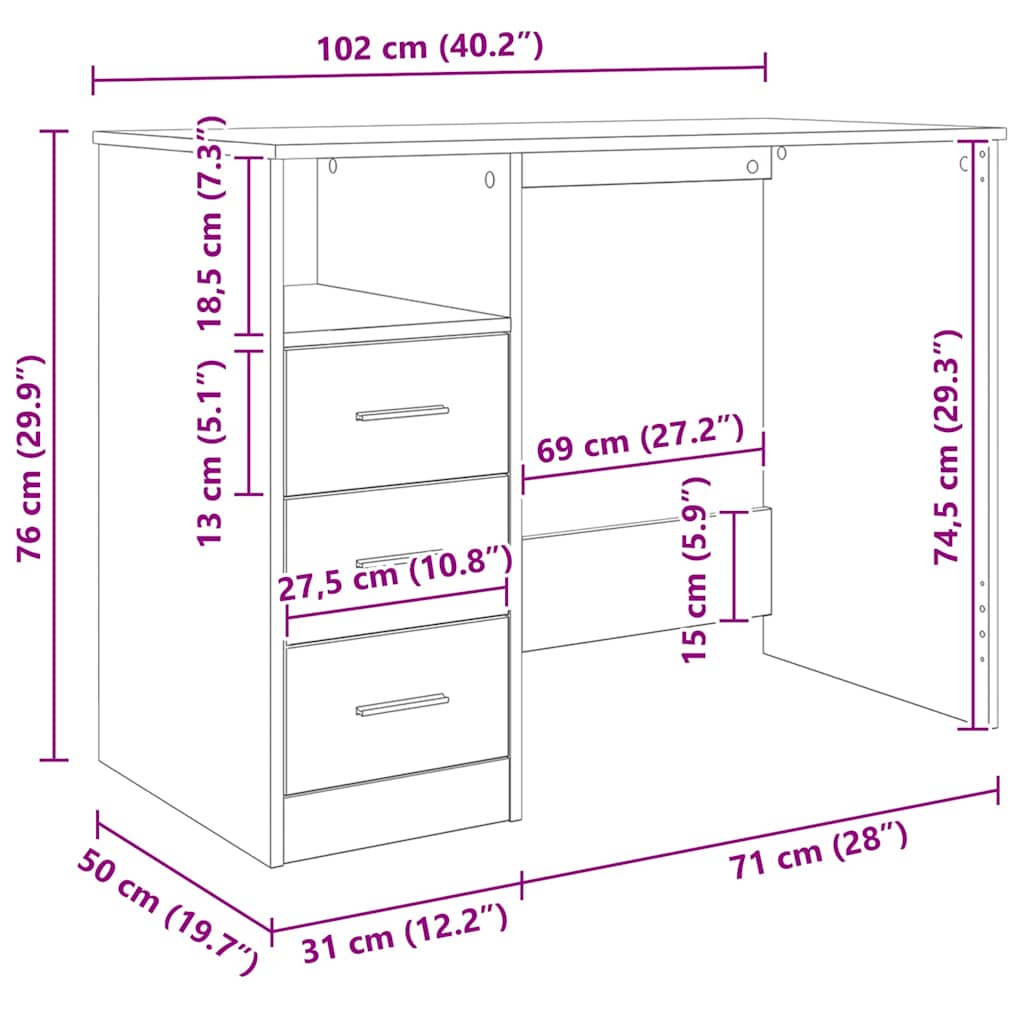 Desk with Drawers High Gloss White 102x50x76 cm Engineered Wood