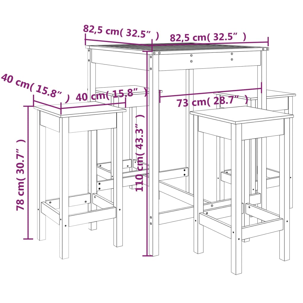 5 Piece Garden Bar Set Grey Solid Wood Pine