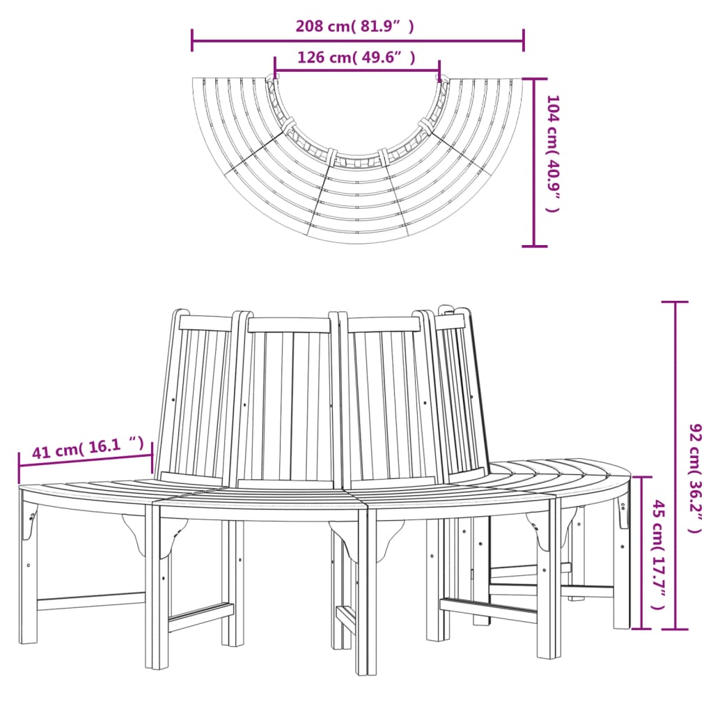 Half Round Tree Bench Ø208 cm Solid Wood Eucalyptus