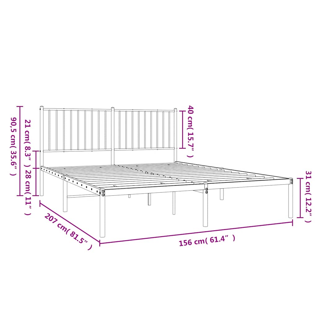 Metal Bed Frame without Mattress with Headboard Black 150x200 cm