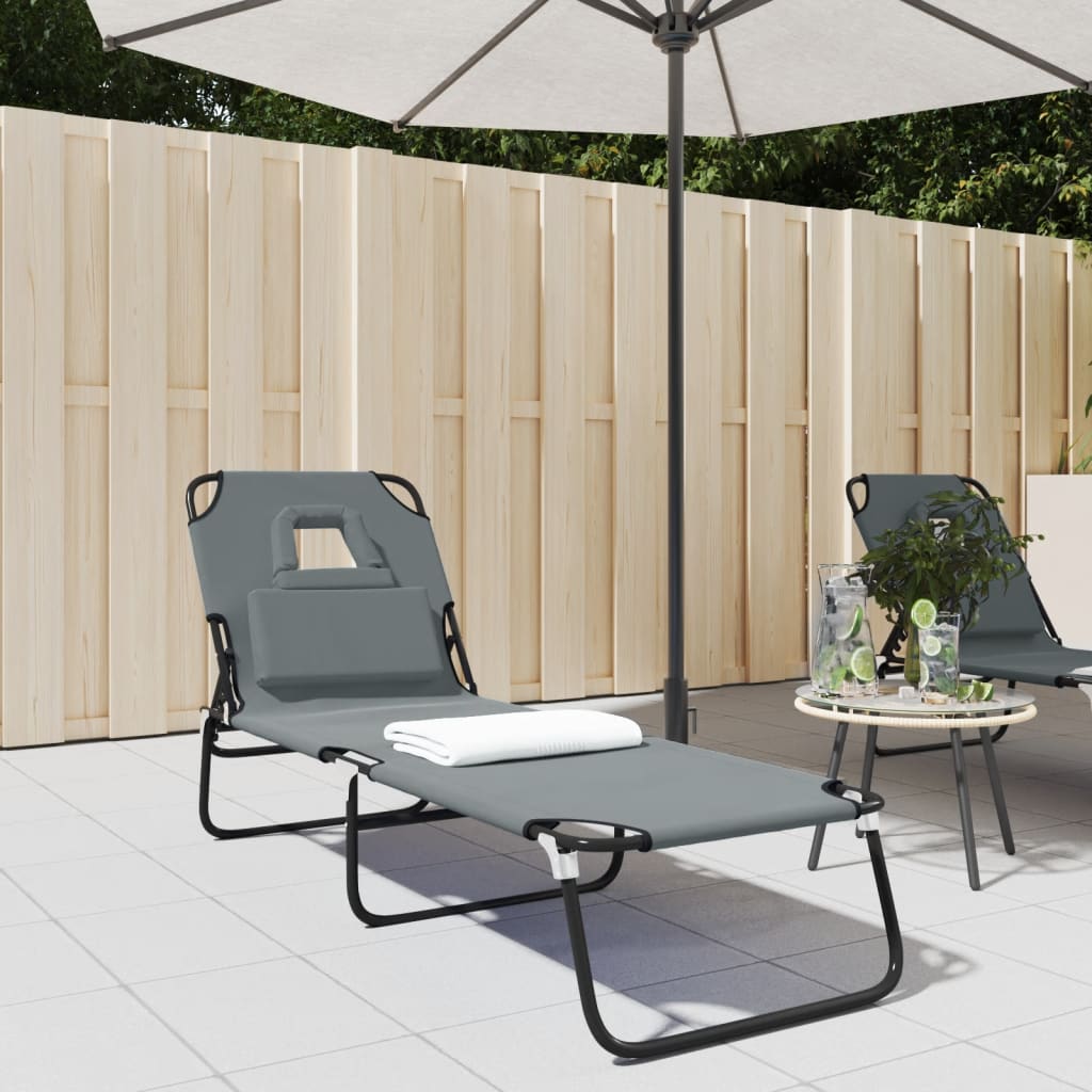 Folding Sun Lounger Grey Oxford Fabric and Powder-coated Steel