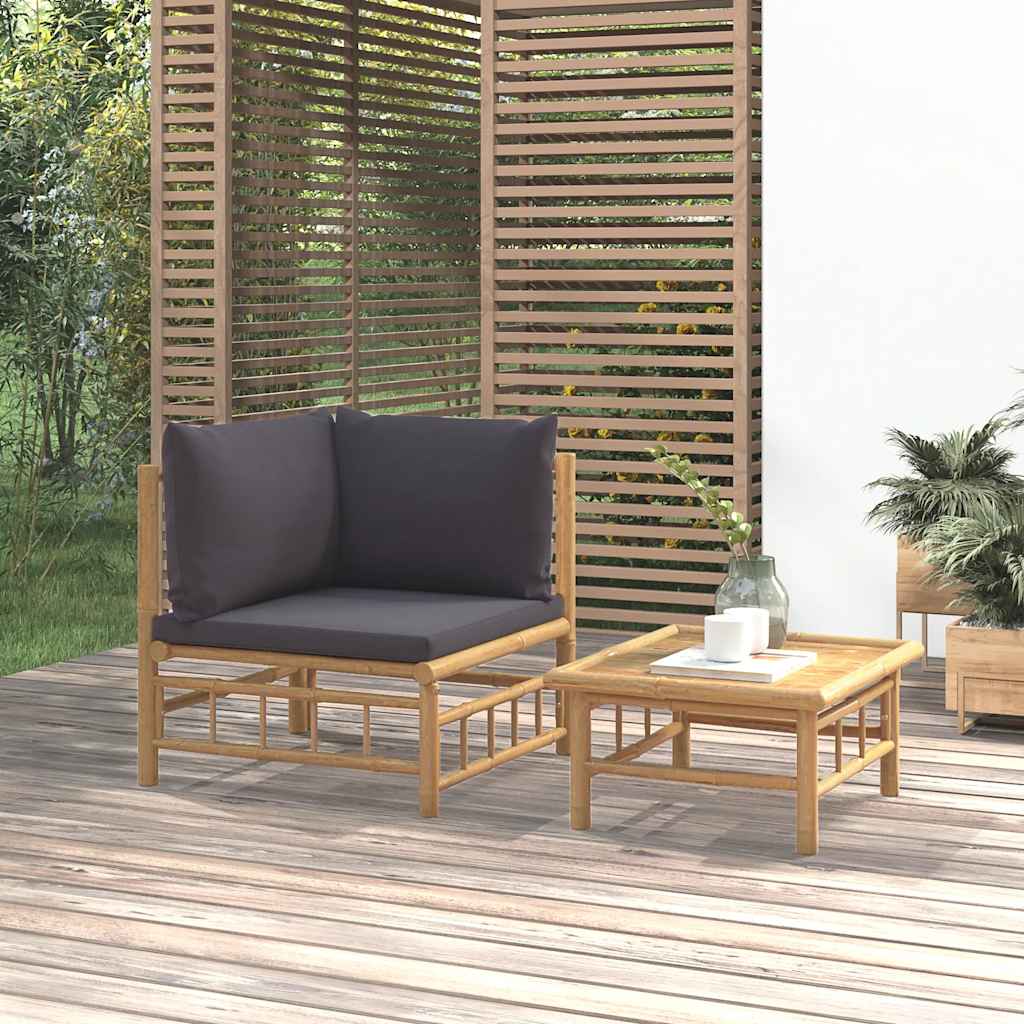 2 Piece Garden Lounge Set with Dark Grey Cushions Bamboo
