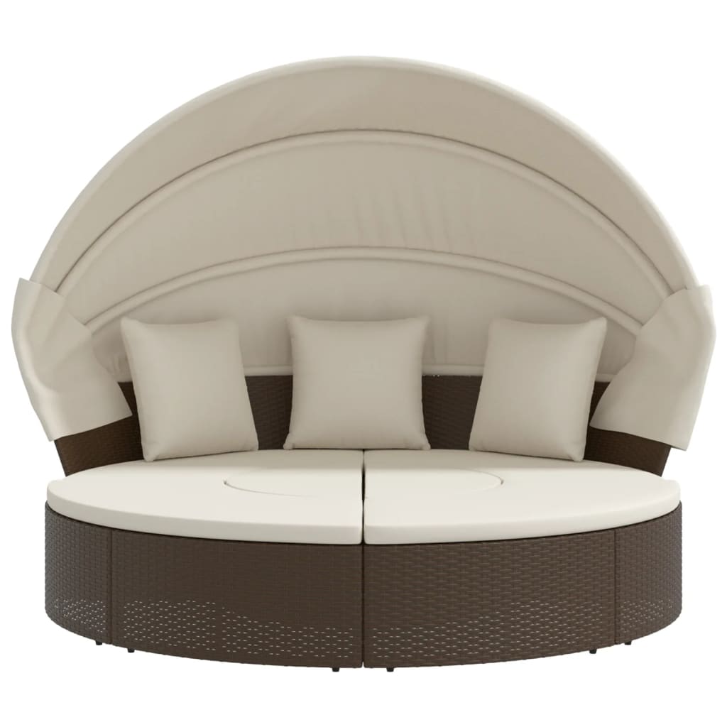 Outdoor Lounge Bed with Canopy and Cushions Brown Poly Rattan