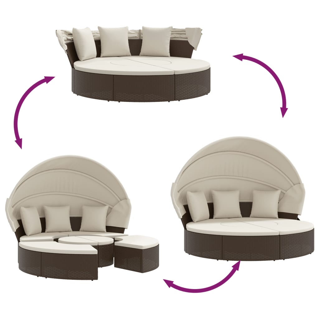 Outdoor Lounge Bed with Canopy and Cushions Brown Poly Rattan