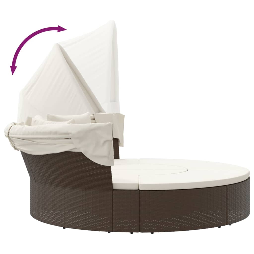 Outdoor Lounge Bed with Canopy and Cushions Brown Poly Rattan