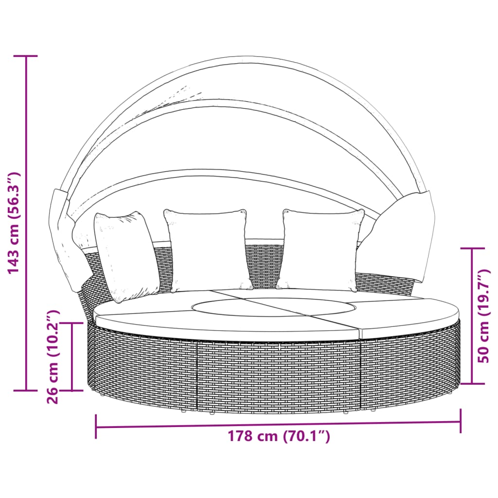 Outdoor Lounge Bed with Canopy and Cushions Brown Poly Rattan