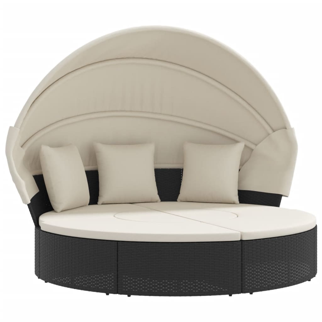Outdoor Lounge Bed with Canopy and Cushions Black Poly Rattan