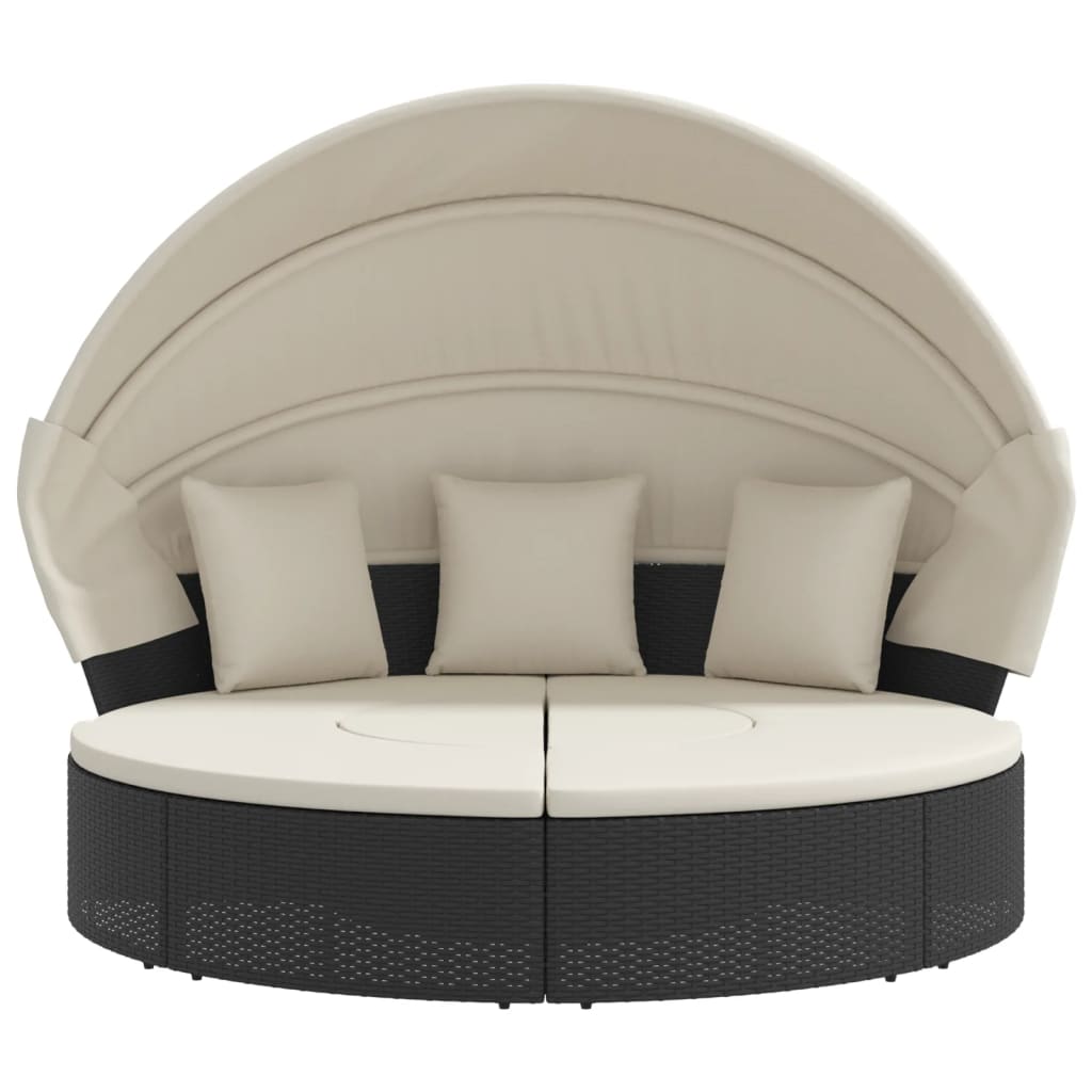 Outdoor Lounge Bed with Canopy and Cushions Black Poly Rattan