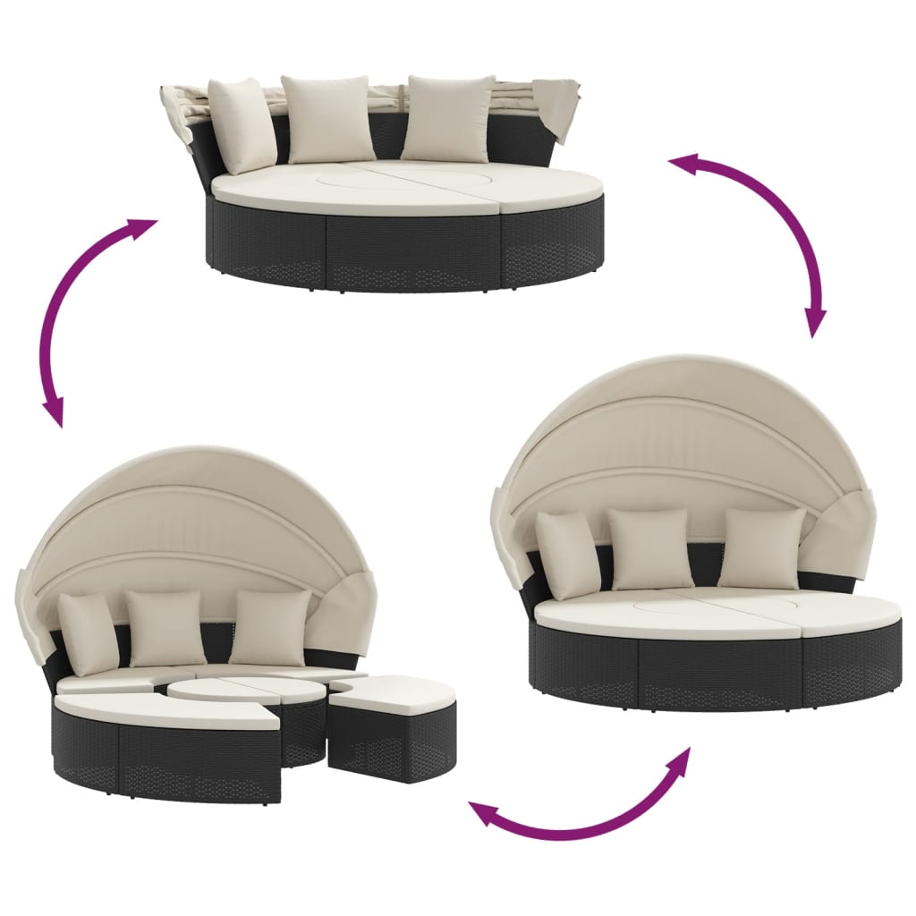 Outdoor Lounge Bed with Canopy and Cushions Black Poly Rattan