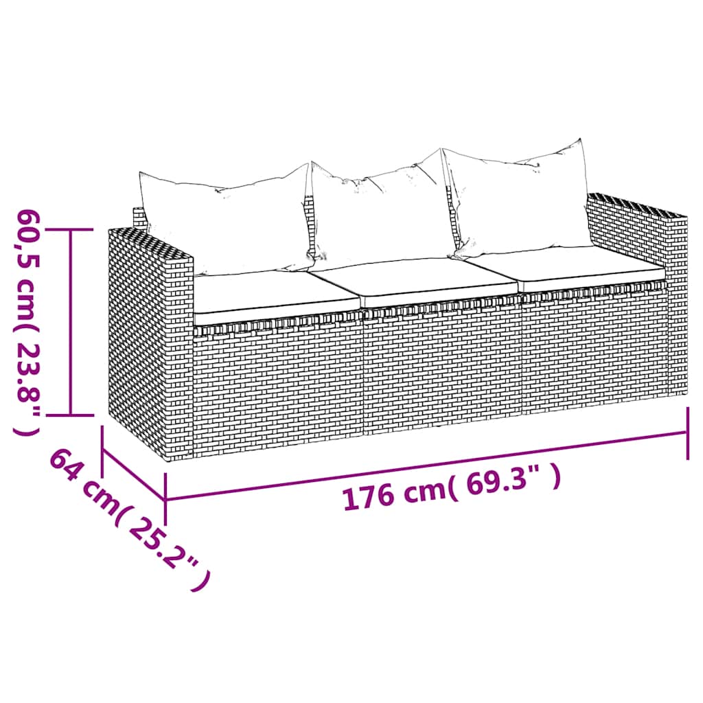 3-Seater Garden Sofa with Cushions Black Poly Rattan