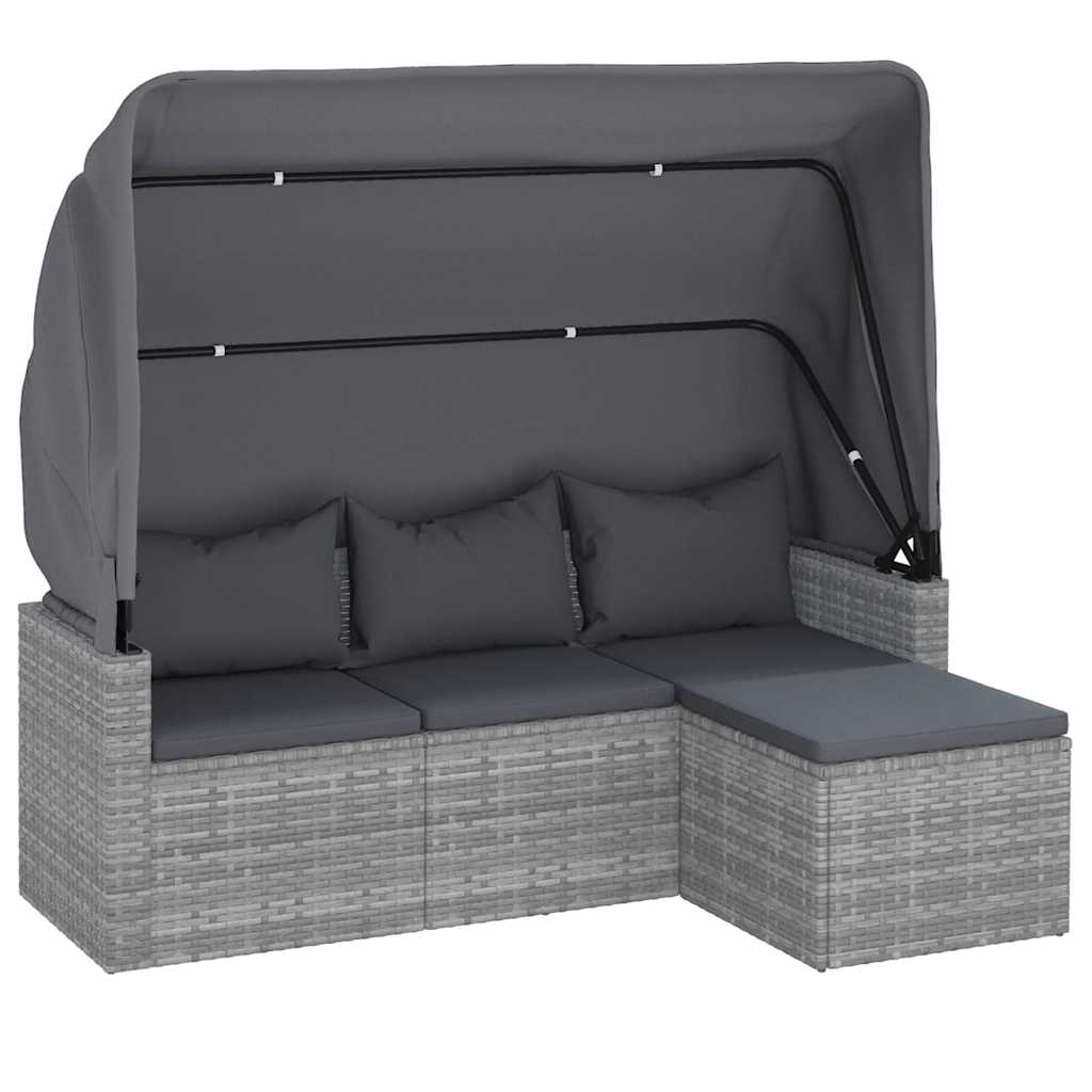 3-Seater Garden Sofa with Roof and Footstool Grey Poly Rattan