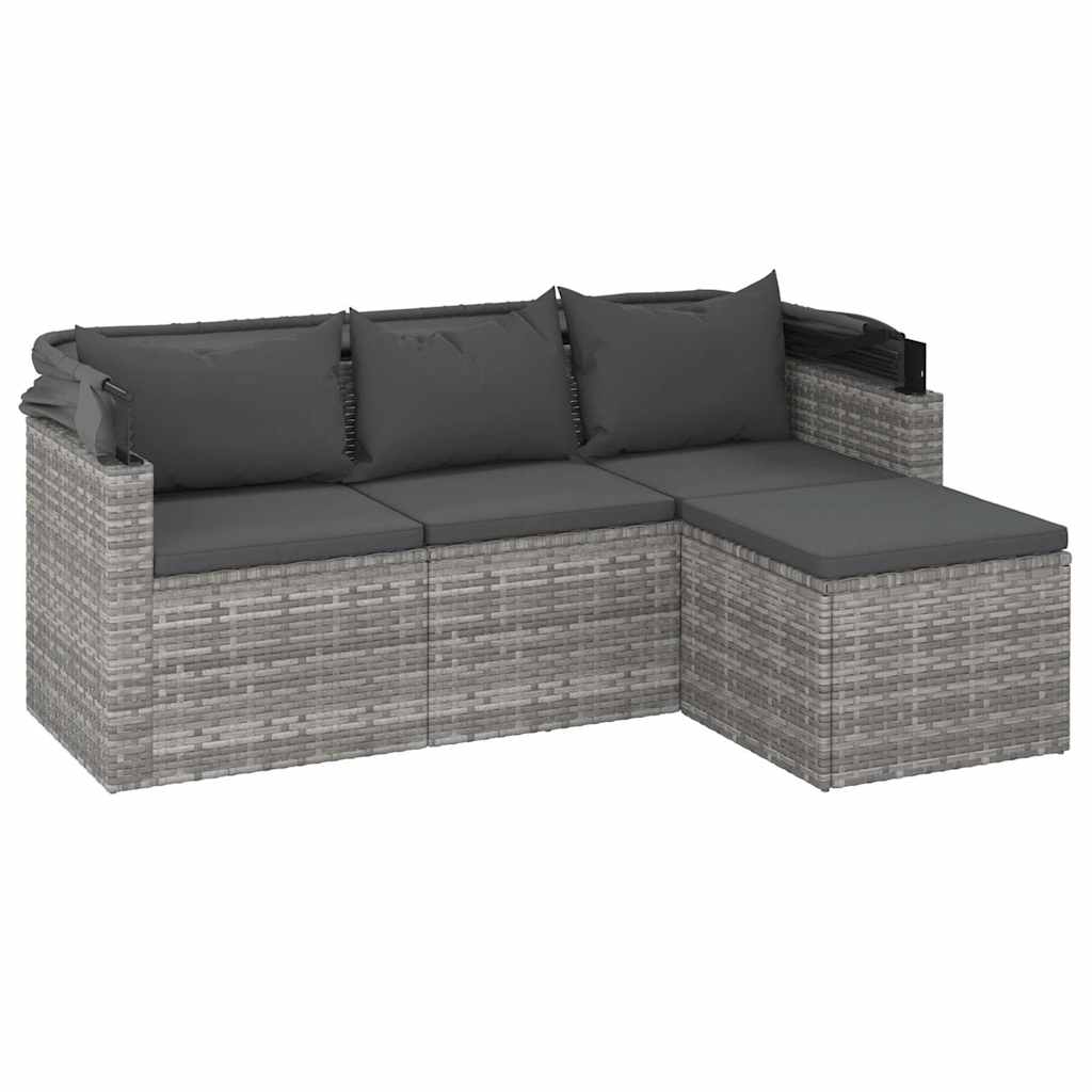 3-Seater Garden Sofa with Roof and Footstool Grey Poly Rattan