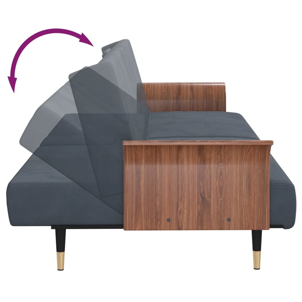 Sofa Bed with Cup Holders Dark Grey Velvet