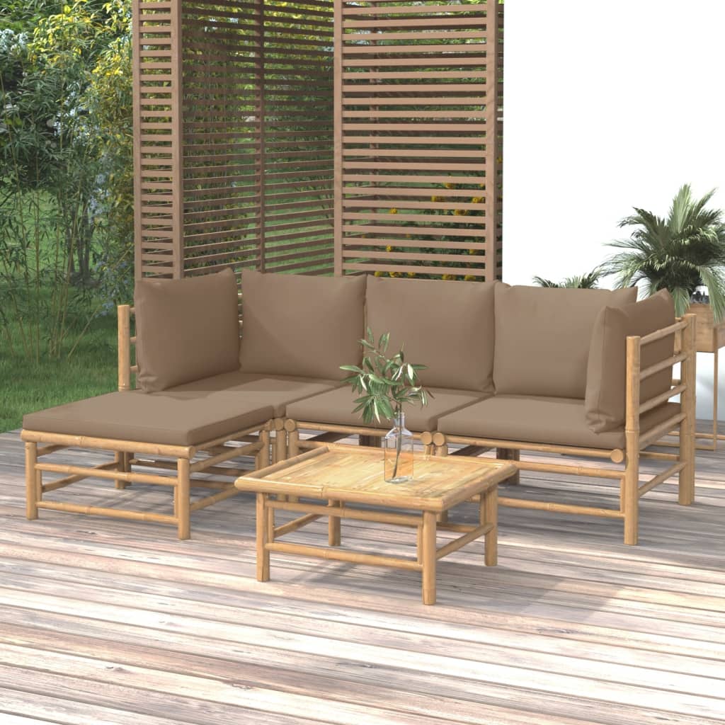 5 Piece Garden Lounge Set with Taupe Cushions Bamboo