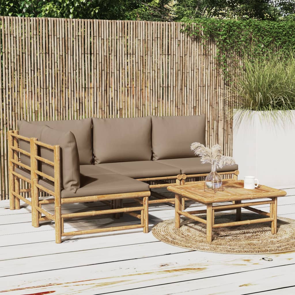 5 Piece Garden Lounge Set with Taupe Cushions Bamboo