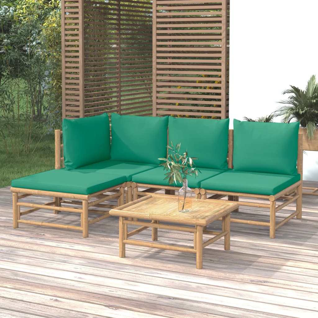 5 Piece Garden Lounge Set with Green Cushions Bamboo