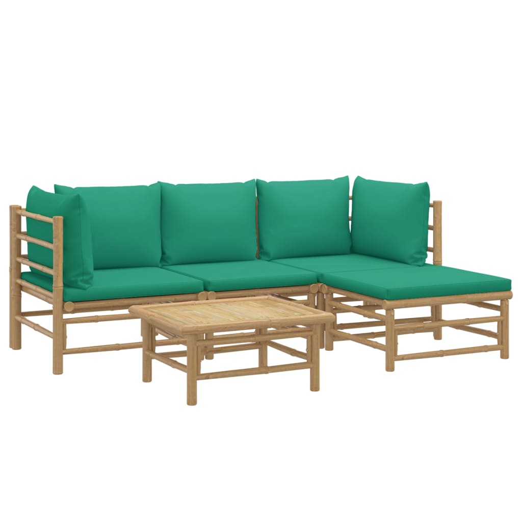 5 Piece Garden Lounge Set with Green Cushions Bamboo