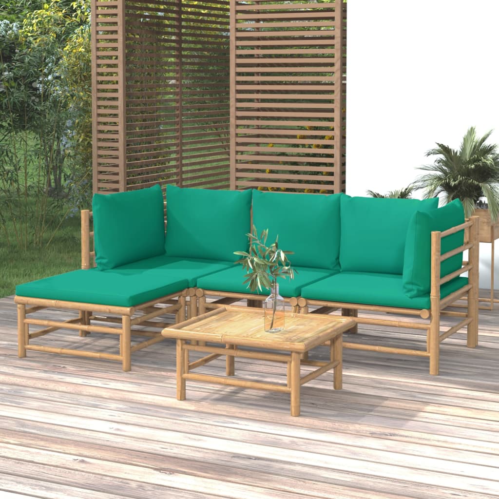 5 Piece Garden Lounge Set with Green Cushions Bamboo
