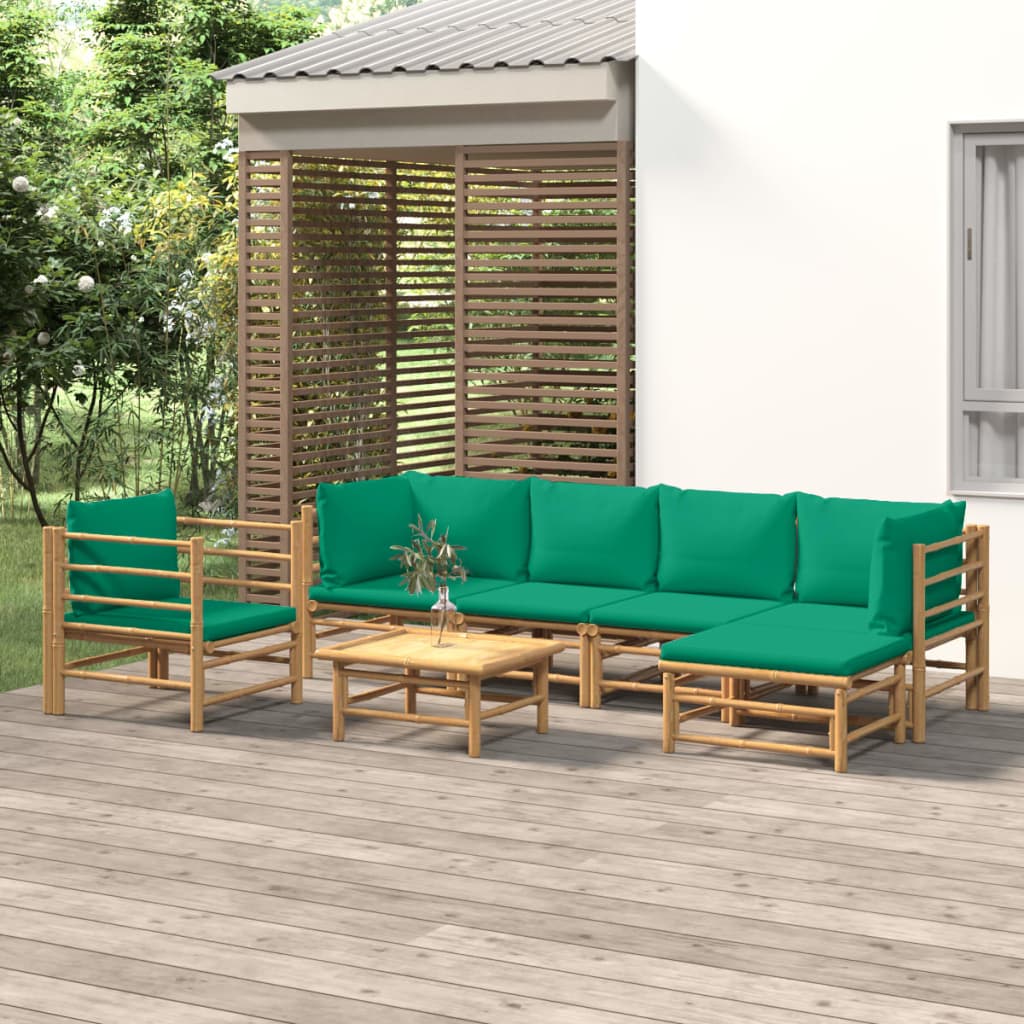 7 Piece Garden Lounge Set with Green Cushions Bamboo