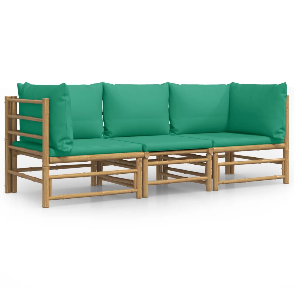 3 Piece Garden Lounge Set with Green Cushions Bamboo
