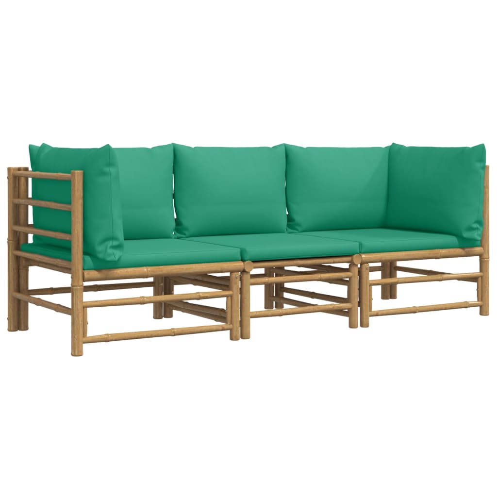 3 Piece Garden Lounge Set with Green Cushions Bamboo