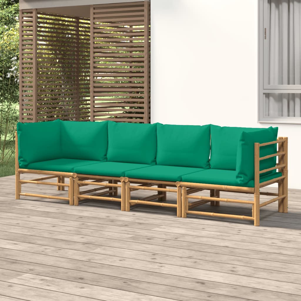 4 Piece Garden Lounge Set with Green Cushions Bamboo