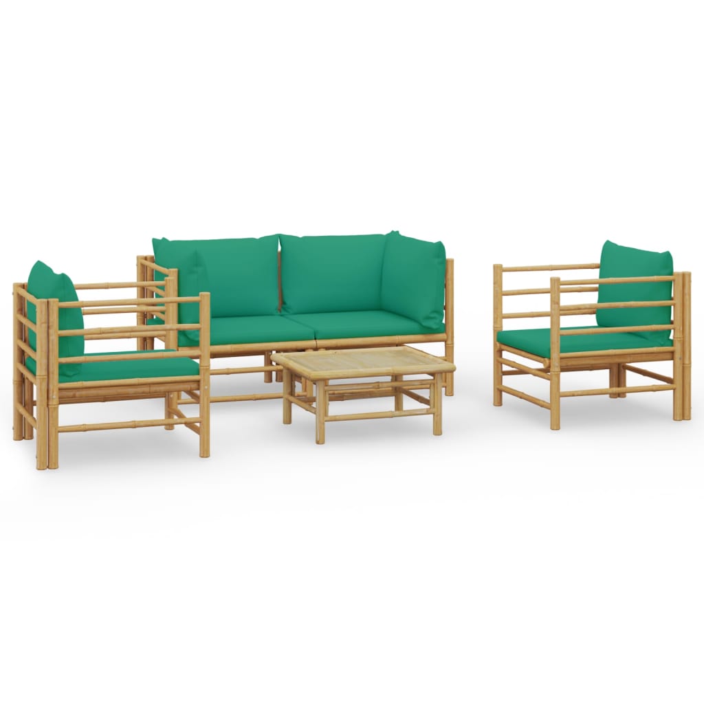 5 Piece Garden Lounge Set with Green Cushions Bamboo
