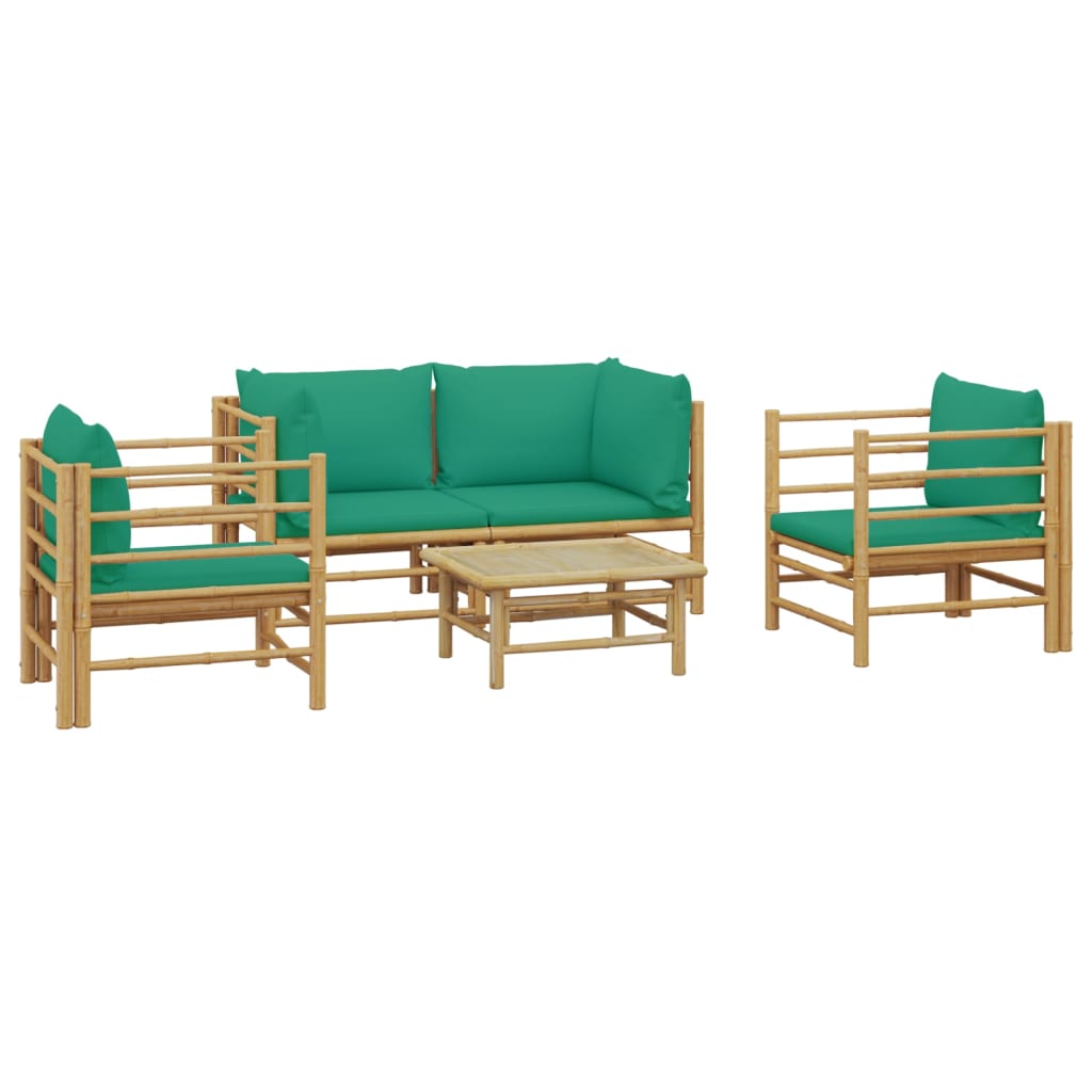 5 Piece Garden Lounge Set with Green Cushions Bamboo