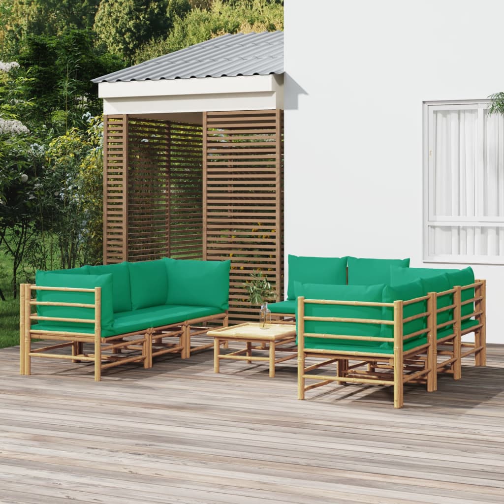9 Piece Garden Lounge Set with Green Cushions Bamboo