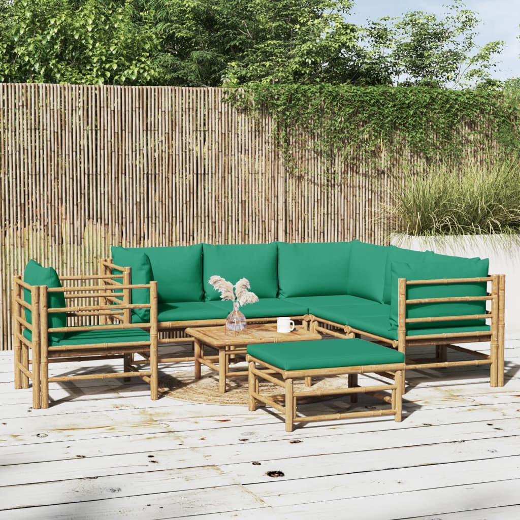 8 Piece Garden Lounge Set with Green Cushions Bamboo