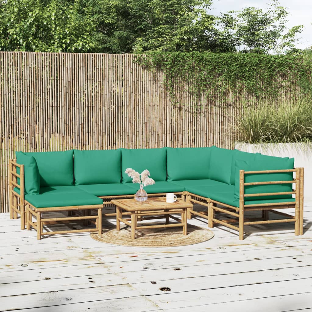 8 Piece Garden Lounge Set with Green Cushions Bamboo