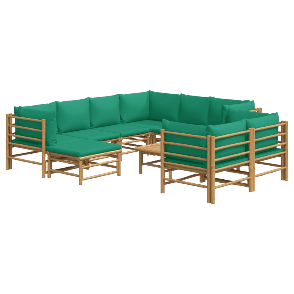 10 Piece Garden Lounge Set with Green Cushions Bamboo