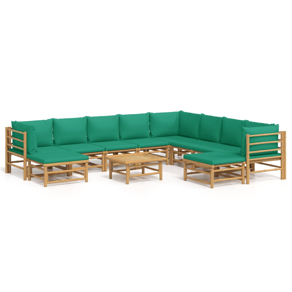11 Piece Garden Lounge Set with Green Cushions Bamboo