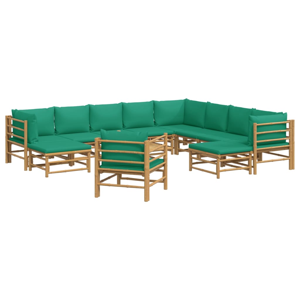 12 Piece Garden Lounge Set with Green Cushions Bamboo