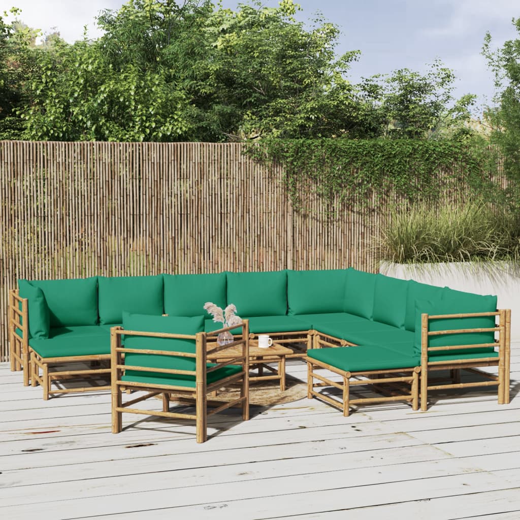 12 Piece Garden Lounge Set with Green Cushions Bamboo