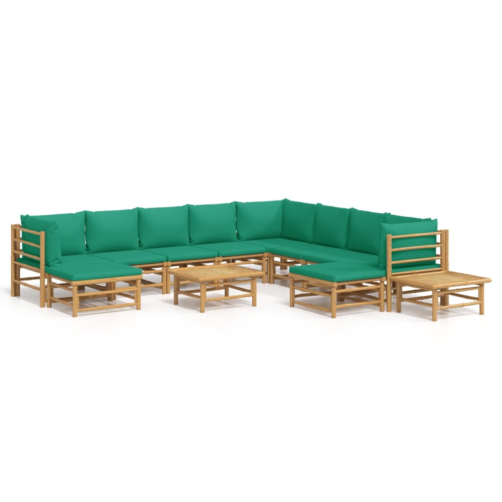 12 Piece Garden Lounge Set with Green Cushions Bamboo