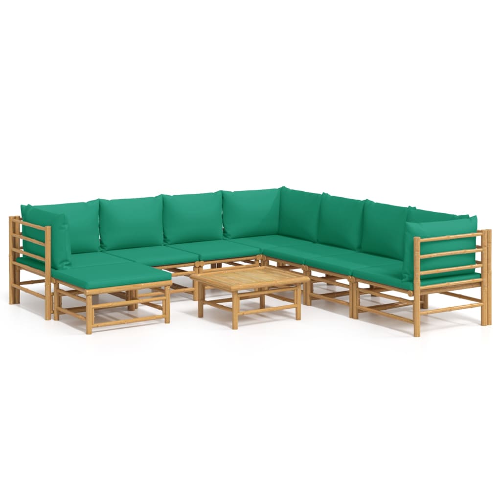 9 Piece Garden Lounge Set with Green Cushions Bamboo