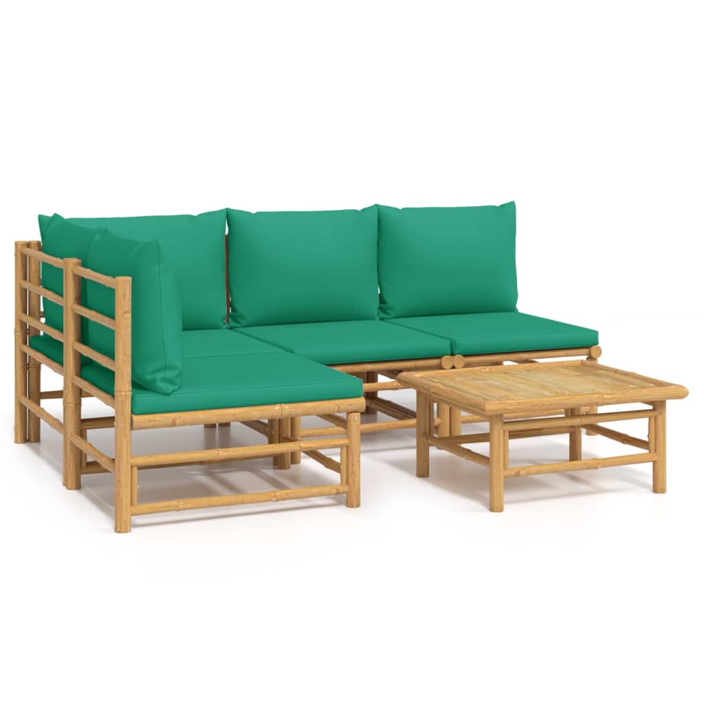 5 Piece Garden Lounge Set with Green Cushions Bamboo
